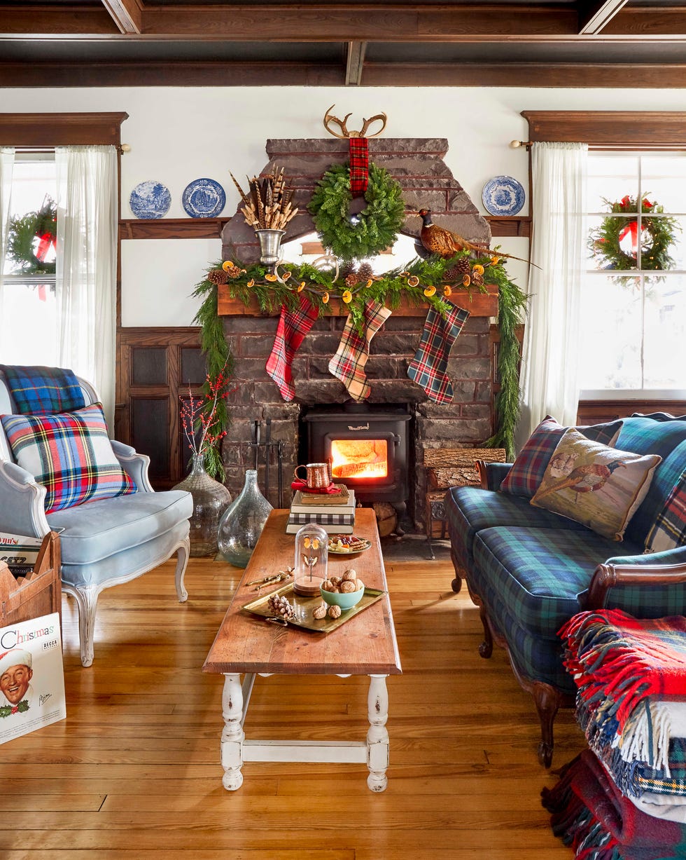 Farmhouse Christmas Living Room Christmas farmhouse living room with stone fireplace