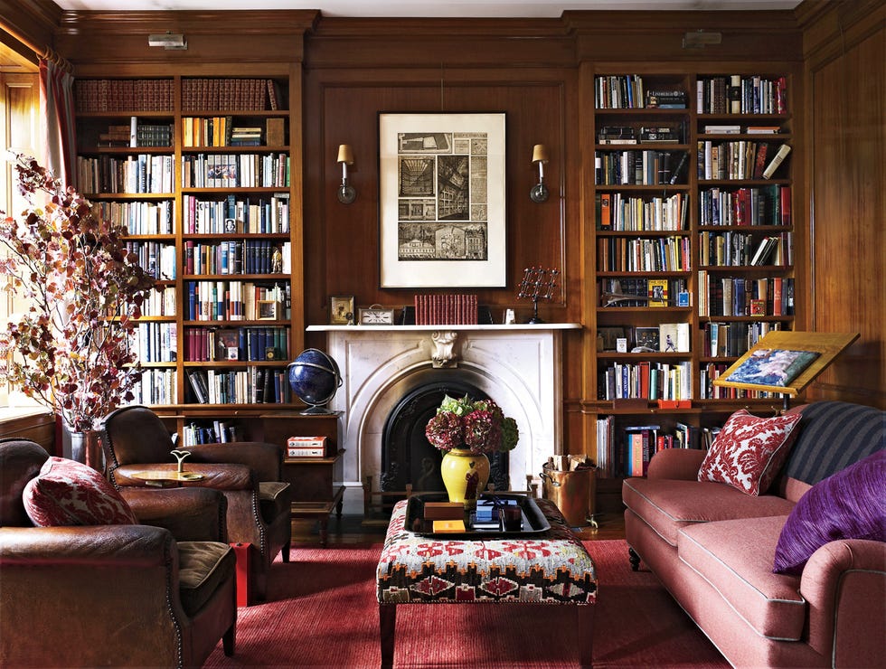 Library detail with fireplace